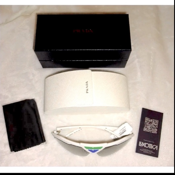 $378 Prada Shield Sunglasses White Black Wrap Sport Light Gray Lens Prada Logos - Picture 8 of 11